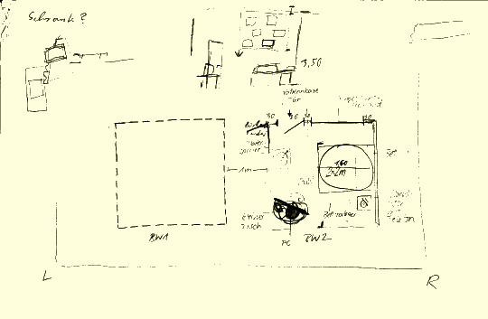 Bhnenbild, Skizze (aus dem Jahr 2000) Bhnenwagen Schlafzimmer Edgar.